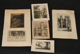 E. M. Synge, two pencil signed etchings of rustic scenes in a common mount and a small collection of