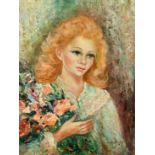 Anna de Banguy (20th Century) French School, portrait of a female figure holding flowers, oil on