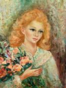 Anna de Banguy (20th Century) French School, portrait of a female figure holding flowers, oil on