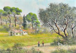 French School, 20th Century, wayfarers on a country path in a spring landscape, oil on canvas,