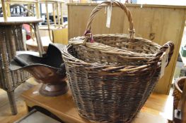 Two baskets and a copper coal scuttle.