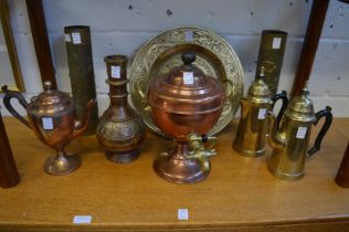 Copper and brass samovar and other metalware.