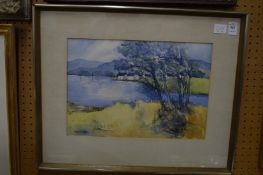 Jean Gardner, A lake scene with trees and buildings, watercolour, signed.