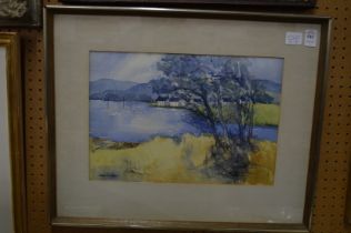 Jean Gardner, A lake scene with trees and buildings, watercolour, signed.