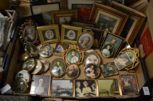 A quantity of decorative portrait miniatures and other pictures.