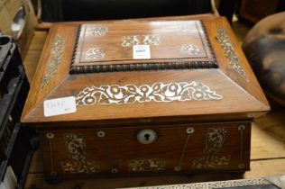 A Victorian mother of pearl inlaid rosewood sarcophagus shaped work box.