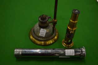 A Culpepper style brass microscope, a Collins microscope lamp and another item.