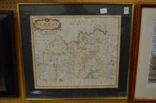 Robert Morden, Surrey, part hand coloured map, framed and glazed.