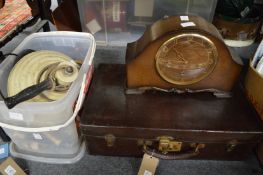 Suitcase, mantle clock and other items.