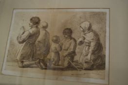 Bartolozzi after Barbieri, engraving of a praying family together with two other engravings.