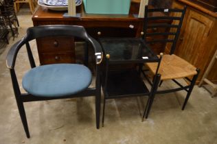 Two ebonised chairs and a two tier table.