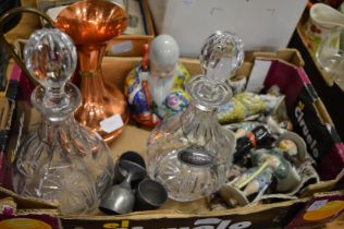 A pair of cut glass decanters, Chinese porcelain figures etc.