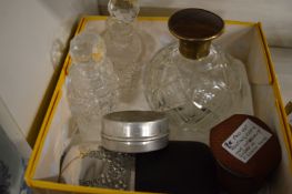 Glass scent bottles, folding cups and hip flask.