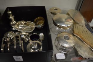 Items of silverware to include toast rack, cruets etc together with dressing table items.