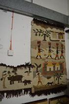 An African wool work pictorial rug depicting figures, buildings and animals 150cm x 95cm together