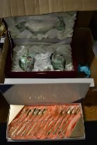 A boxed Chinese lacquer tea set and other items.