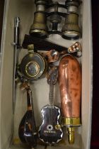 Copper and brass powder flask, opera glasses etc.