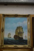 Three Man of War ships and a rowing boat, oil on canvas laid onto board.