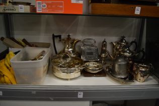 A quantity of plated wares to include a four piece tea service, quantity of flatware etc.