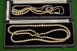 A good pearl necklace with 9ct gold and gem set clasp together with another pearl necklace.