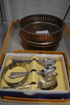 A silver bangle and various flatware to include a pair of coasters.