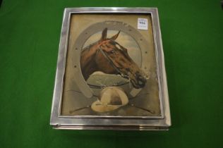A good large silver three division cigar box, the lid painted with the head of a horse, jockey cap