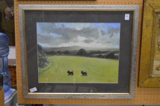 Two Scottie dogs in a field, watercolour, signed.