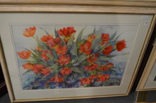 Shirley Fells, Tulips, large watercolour, framed and glazed together with another work by the same