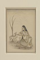 A 19TH CENTURY INDIAN MINIATURE PAINTING, depicting a lady in the wilderness with deer, image 21cm x