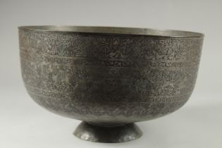 A FINE AND LARGE 19TH CENTURY QAJAR ENGRAVED TINNED COPPER BOWL, with a band of various figures