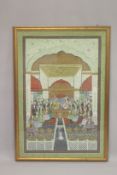 A VERY LARGE FRAMED INDIAN PAINTING ON SILK, depicting an interior scene with seated dignitaries and