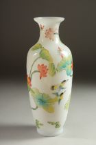 A CHINESE PAINTED GLASS VASE, decorated with birds, butterflies, and flora, 23cm high.