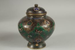 A FINE JAPANESE CLOISONNE ENAMEL KORO, with glittered green enamel band with butterflies and