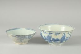 A CHINESE MING BLUE AND WHITE BOWL, (af), together with another blue and white bowl, (2).