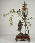 A FINE AND LARGE JAPANESE MEIJI BRONZE AND CLOISONNE FIGURAL LAMP, with okimono of a man holding a