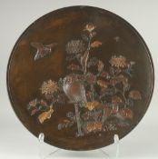 A FINE JAPANESE MEIJI PERIOD BRONZE CHARGER, with engraved and overlaid mixed-metal decoration