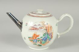 A 19TH CENTURY CHINESE EXPORT FAMILLE ROSE PORCELAIN TEAPOT, painted with a circular panel to each