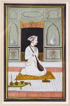 AN INDIAN MINIATURE PAINTING depicting a seated prince holding a sitar, image size 18cm x 11cm.