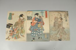 KUNISADA I UTAGAWA (1786-1865): EDO BEAUTIES, three mid-19th century original Japanese woodblock