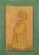 A PERSIAN QAJAR MINIATURE PAINTING OF A FIGURE, in a micro mosaic inlaid frame, glazed, 12.5" x