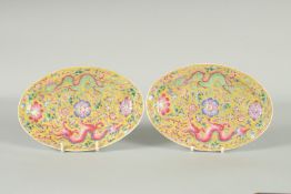 A PAIR OF CHINESE YELLOW GROUND FAMILLE ROSE PORCELAIN OVAL DISHES, painted with dragon and flora,