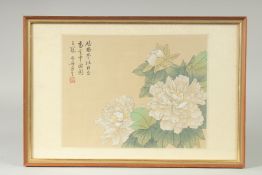 A CHINESE PAINTING OF FLOWERS ON SILK, inscribed and with red seal, framed and glazed, image 20cm