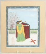 AN INDIAN PAHARI OR PUNJAB HILLS PAINTING of a lady hiding her lover, with mount-board surround;