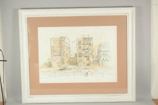 A LARGE CONTEMPORARY SIGNED LITHOGRAPH, depicting a street scene, framed and glazed, indistinctly