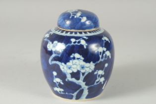A CHINESE BLUE AND WHITE PORCELAIN PRUNUS JAR AND COVER, (cover repair), 14.5cm high.