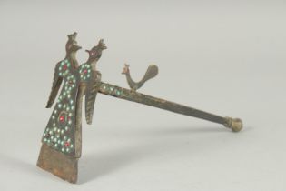 A 19TH-20TH CENTURY PERSIAN QAJAR SUGAR CANE AXE, inset with turquoise stones, 24cm long.