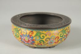 A CHINESE CLOISONNE ENAMELLED BRONZE CENSER, with copper wire floral motifs on a yellow ground, 15.