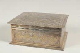 A FINE IRANIAN GOLD INLAID RECTANGULAR BOX, 14cm x 11.5cm.