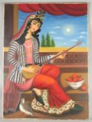A LARGE OIL ON CANVASS PAINTING OF A FEMALE FIGURE PLAYING A MUSICAL INSTRUMENT,. Signed lower