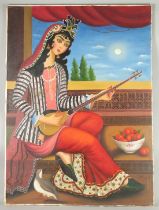 A LARGE OIL ON CANVASS PAINTING OF A FEMALE FIGURE PLAYING A MUSICAL INSTRUMENT,. Signed lower